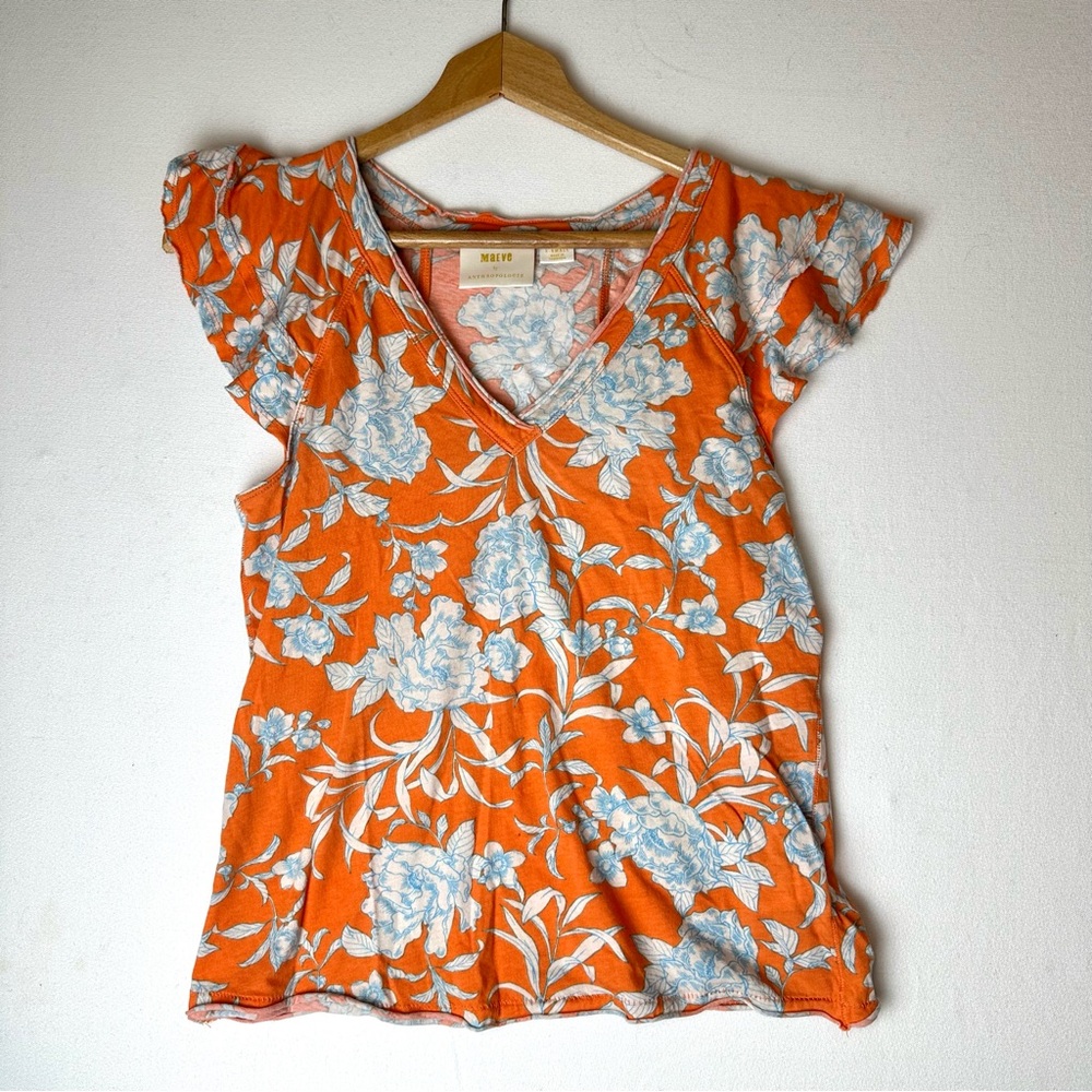 Maeve Anthropologie Catie Floral Ruffle Sleeve V-Neck Tee